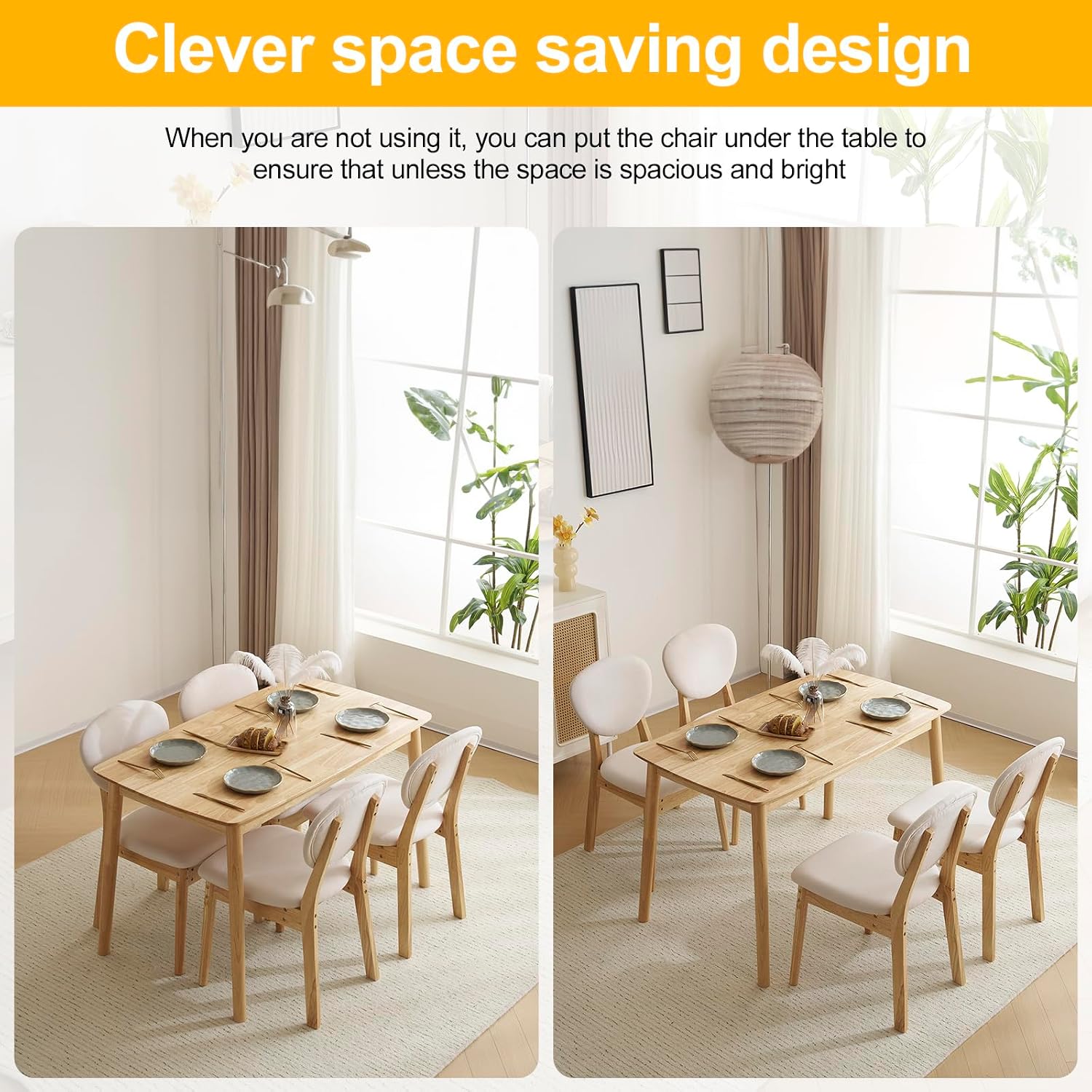 Karl home Mid-Century Modern 5-Piece Wood Dining Table Set for 4, Compact Mid-Century Modern Kitchen Table and Chairs for Kitchen/Small Apartment/Dining Room, Padded Seats & Backrests (Nature)