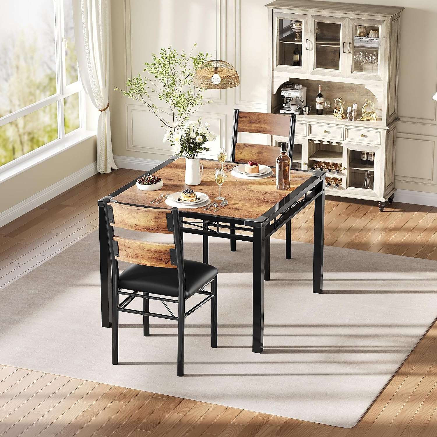 IDEALHOUSE Dining Table Set for 2, Dining Table with 2 Upholstered Chairs, Bistro Table and Chairs Set of 2 with Corner Protector for, Kitchen, Apartment, Retro Brown