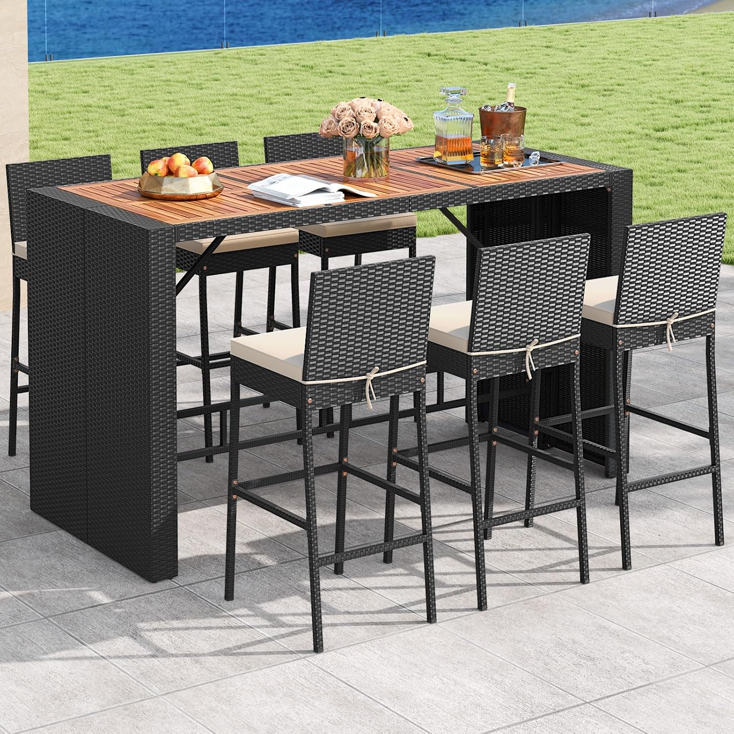 Tangkula 7 Piece Patio Wicker Bar Set, Patiojoy Outdoor Acacia Wood Bar Height Table & 6 Rattan Bar Stool Chairs with Backrest and Footrest, for Bistro Garden Balcony