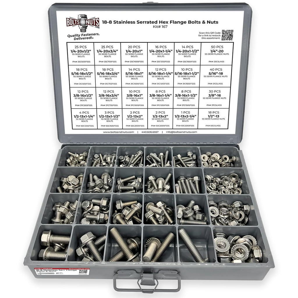 Stainless Steel Serrated Hex Flange Bolts Screws & Flange Nut Assortment Kit - 371 Pieces!