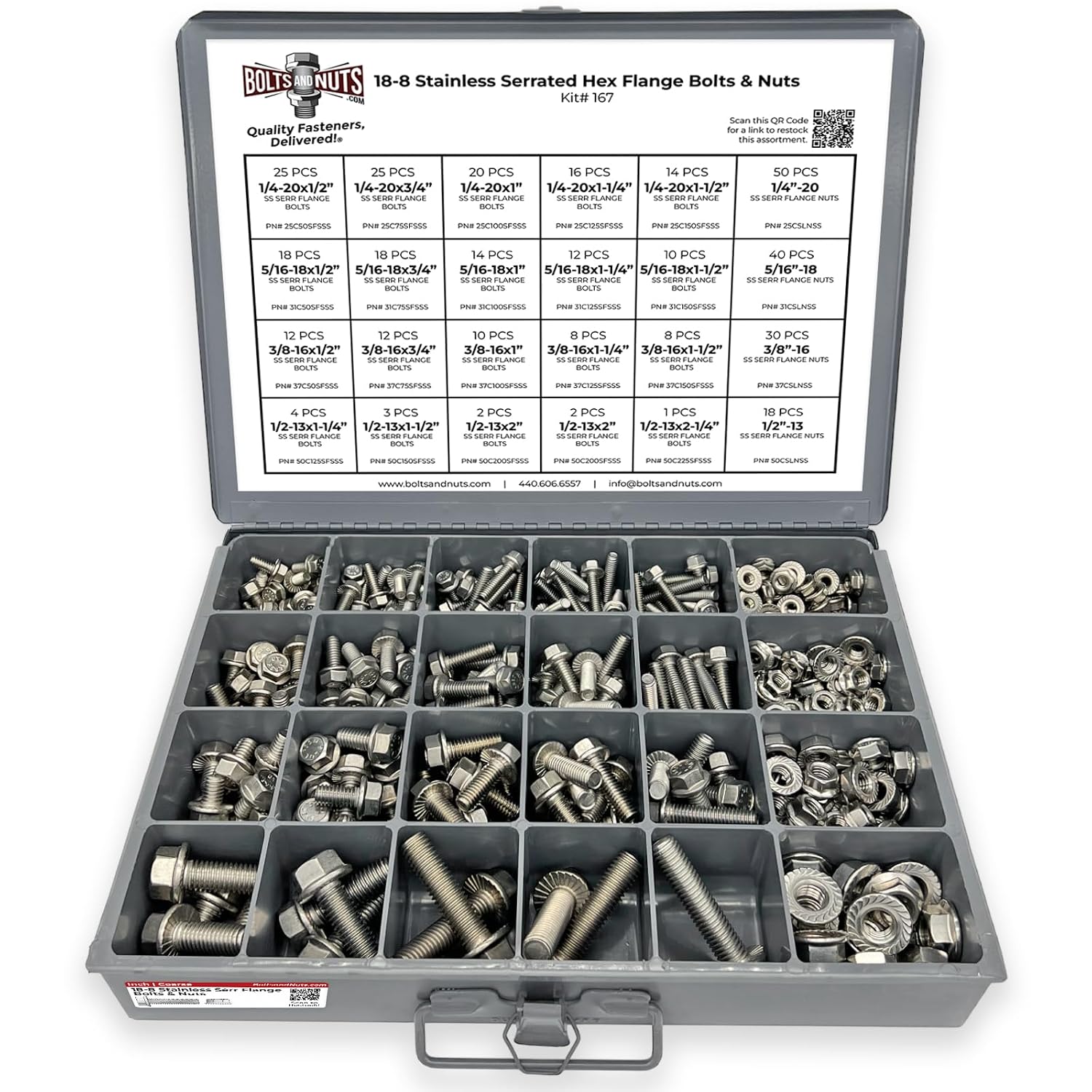 Stainless Steel Serrated Hex Flange Bolts Screws & Flange Nut Assortment Kit - 371 Pieces!