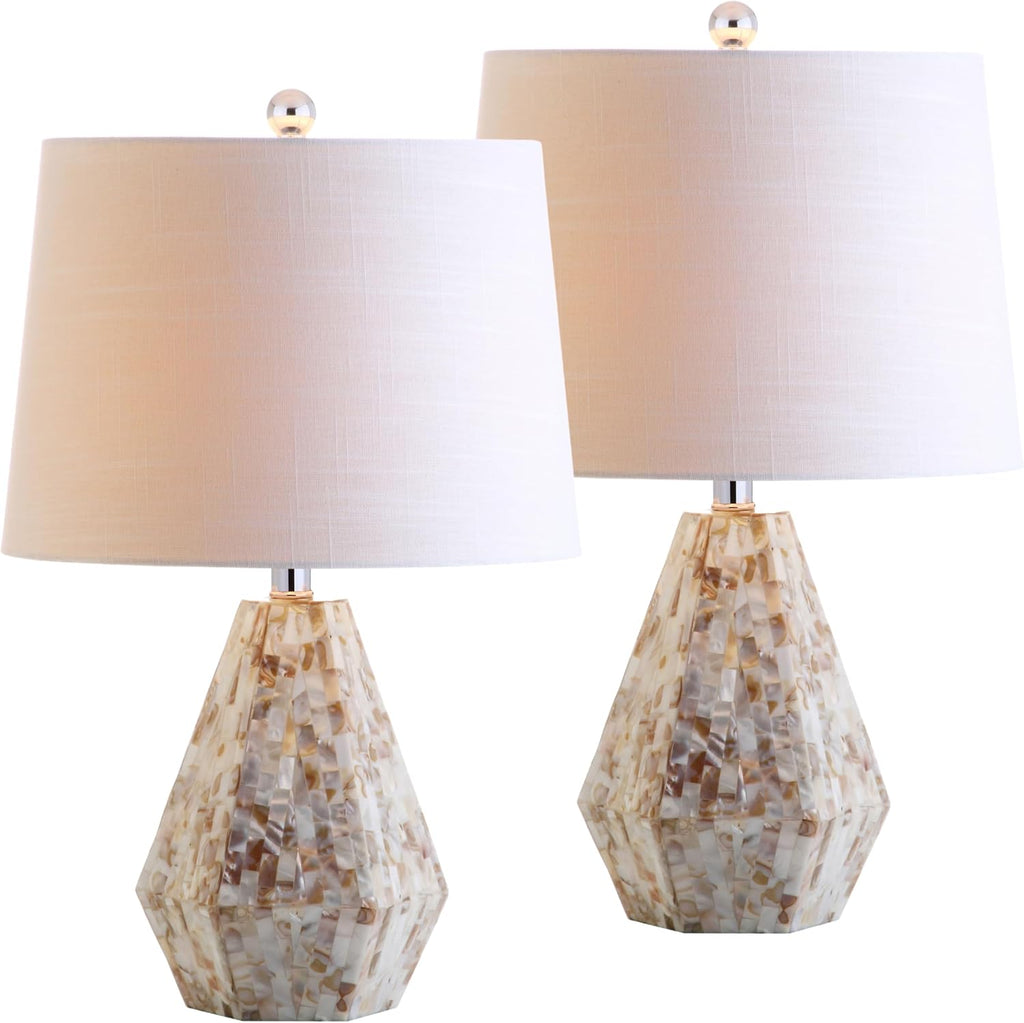 JONATHAN Y 21' Natural Ivory Seashell Mosaic Table Lamp Set of 2, Coastal Geometric Resin Bedside Lamps for Living Room Bedroom, White Linen Drum Shade, LED Bulbs Included JYL4004A-SET2