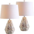 JONATHAN Y 21' Natural Ivory Seashell Mosaic Table Lamp Set of 2, Coastal Geometric Resin Bedside Lamps for Living Room Bedroom, White Linen Drum Shade, LED Bulbs Included JYL4004A-SET2