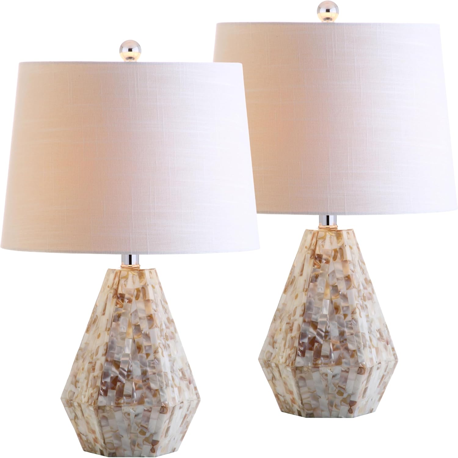 JONATHAN Y 21' Natural Ivory Seashell Mosaic Table Lamp Set of 2, Coastal Geometric Resin Bedside Lamps for Living Room Bedroom, White Linen Drum Shade, LED Bulbs Included JYL4004A-SET2