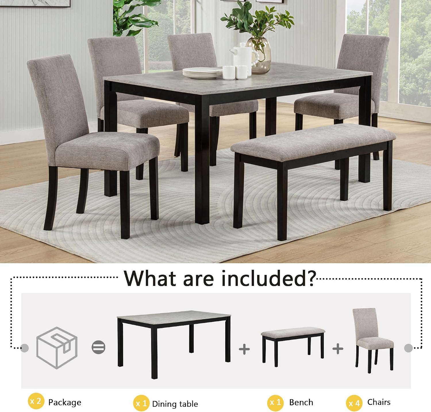 LUMISOL 6-Piece Dining Table Set with Bench, Solid Wood Kitchen Table Set with Concrete-Effect Tabletop and 4 Upholstered Chairs, Modern Dining Room Furniture, Grey & Black