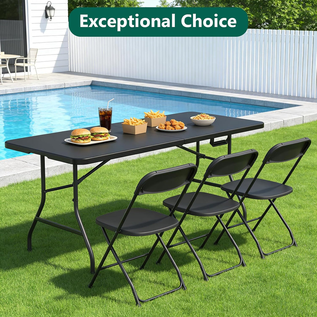 2 Pack 6FT Folding Table, Foldable Picnic Table with Carrying Handle, Heavy Duty Fold-in-Half Portable Table for Weddings, Camping, RV Travel, Parties, BBQs, Easy to Fold and Store, Black