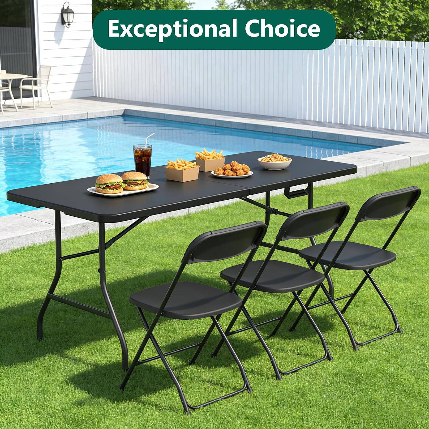 2 Pack 6FT Folding Table, Foldable Picnic Table with Carrying Handle, Heavy Duty Fold-in-Half Portable Table for Weddings, Camping, RV Travel, Parties, BBQs, Easy to Fold and Store, Black