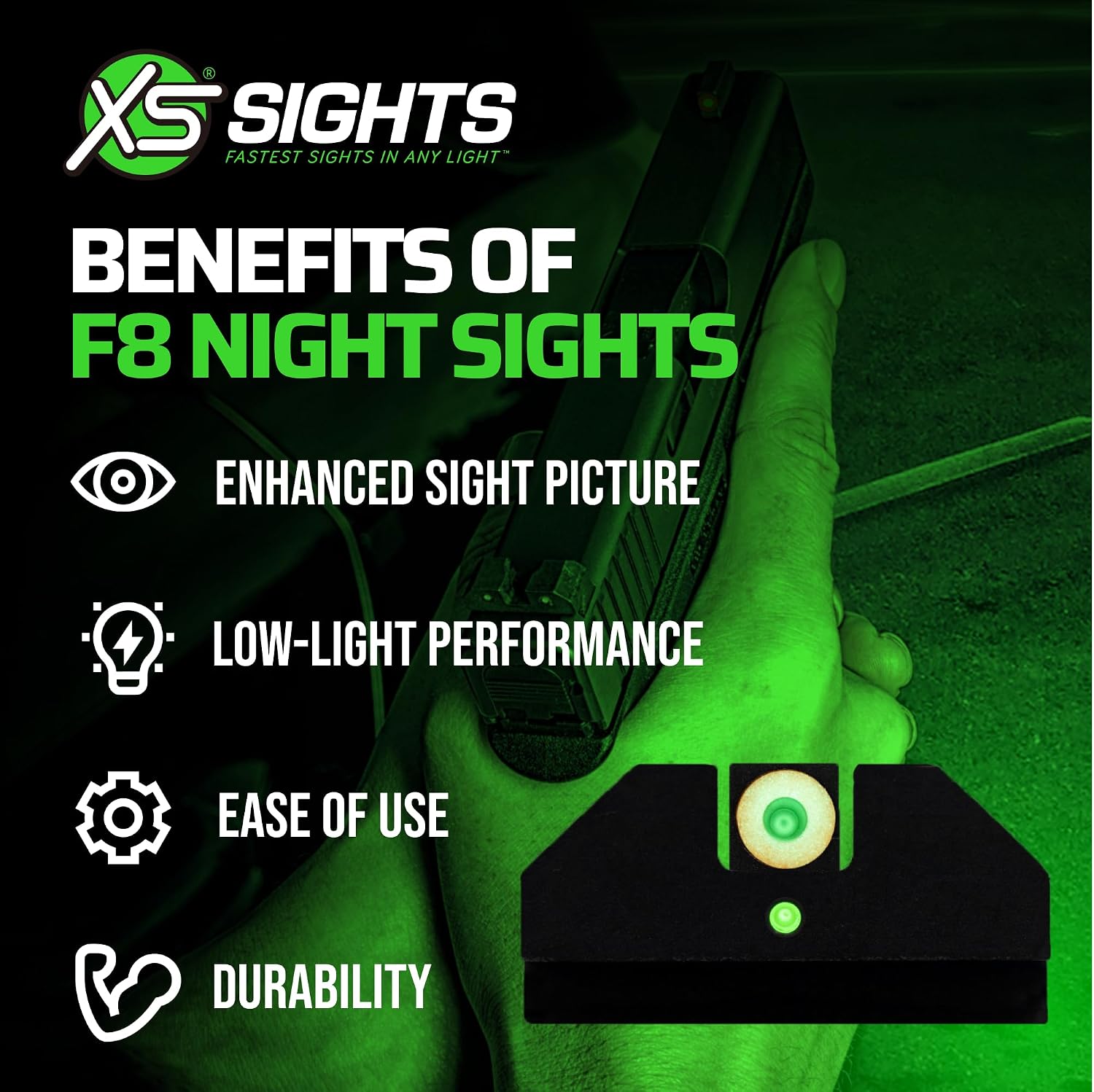 XS SIGHTS F8 Night Sight for Pistols, Large Tritium Front Sight for Fast Acquisition, Wide U-Notch Rear Sight, High Visibility, Easy Alignment