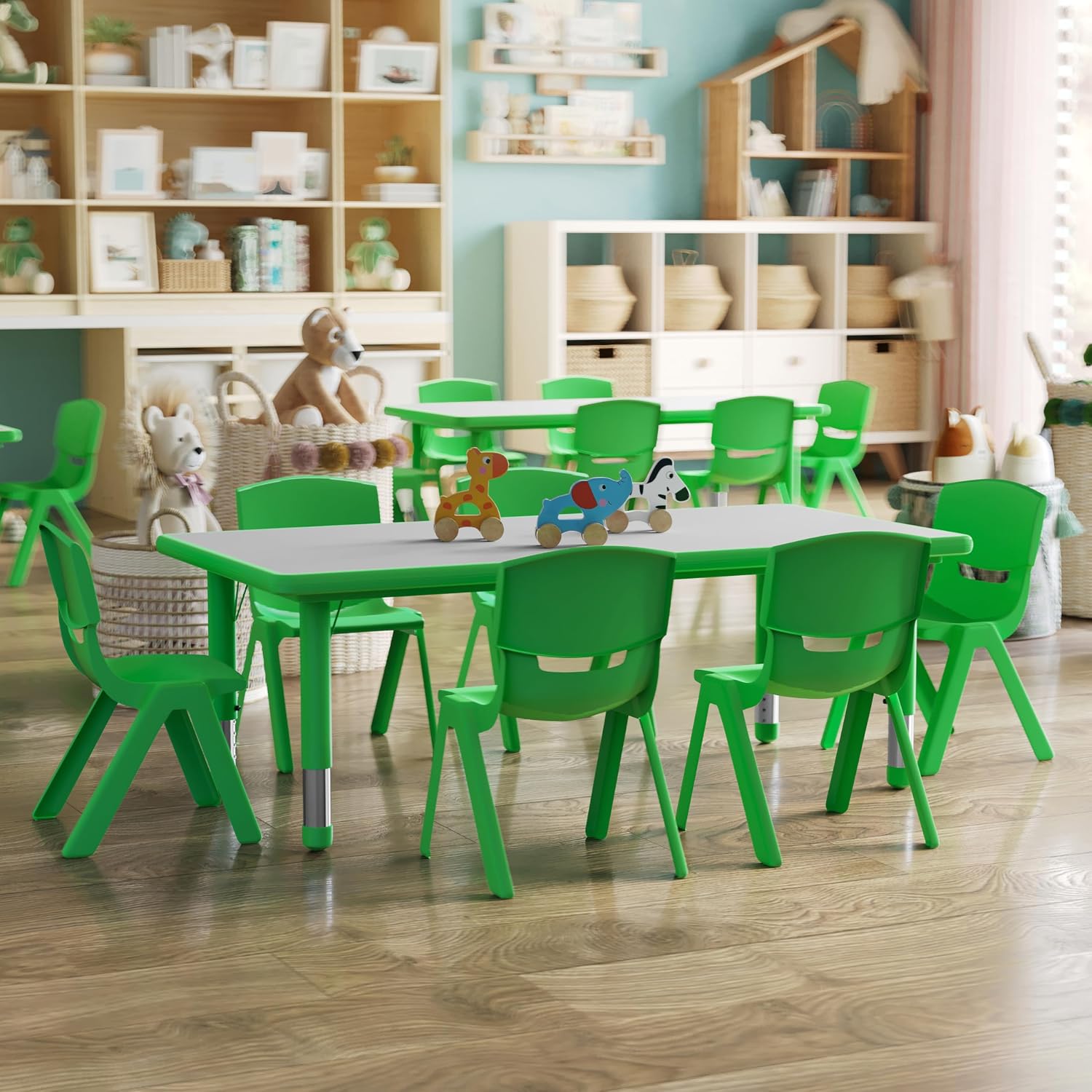 Flash Furniture Emmy Adjustable Classroom Activity Table with 6 Stackable Chairs, Plastic Activity Table for Kids, 23.625' W x 47.25' L, Green/Gray