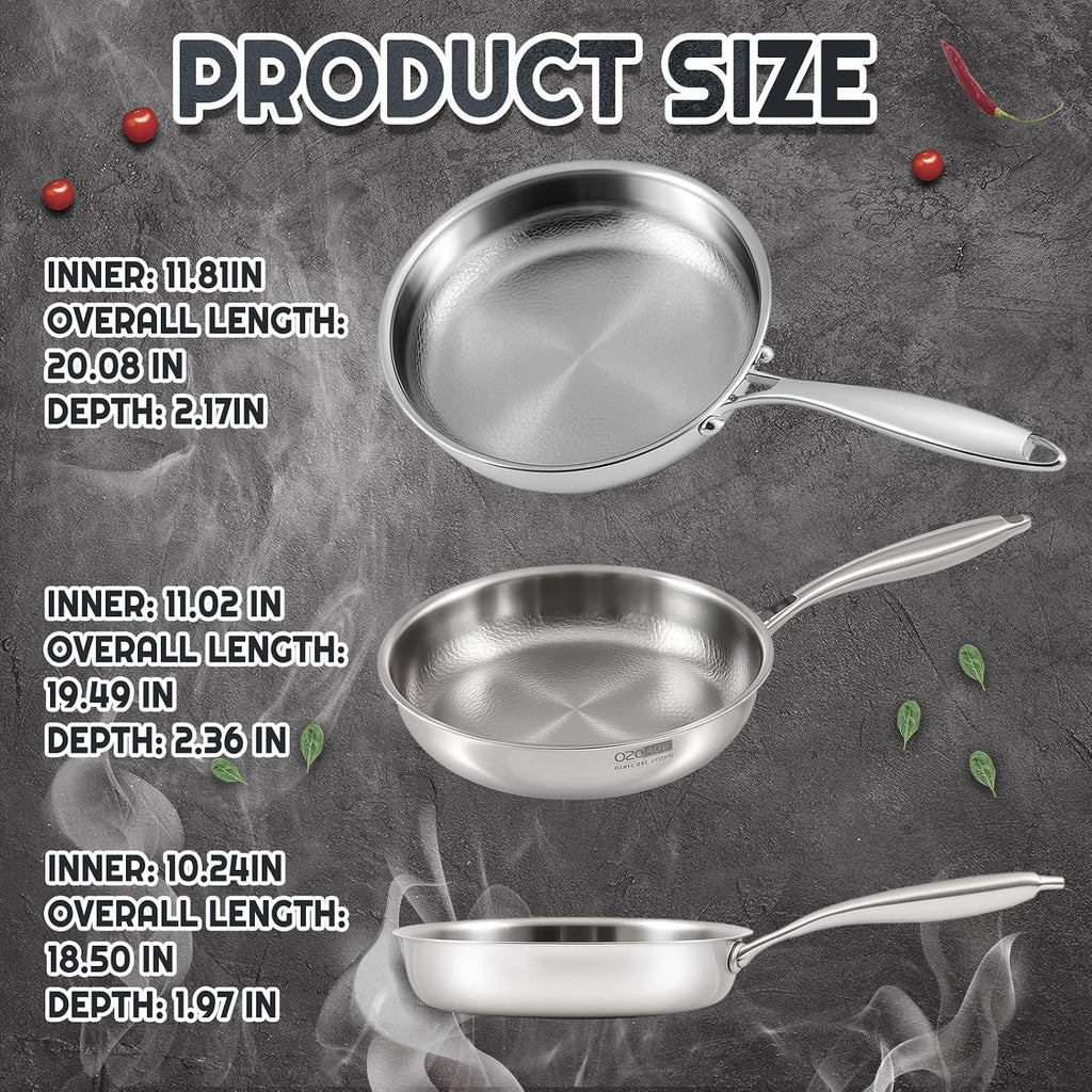 LemonRoad 3 Pcs 10.23', 11.02', 11.81' Titanium Pan Set for Cooking, Hammered Pan with Lid for Cooking Durable Scratch Resistant, Safe for Oven Induction