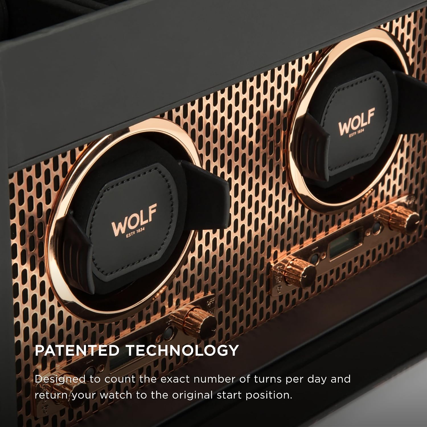 Wolf Axis Watch Winder with Storage - Secure Fit with Patented Lock-in Dynamic Cuff - Accommodates All Wrist Sizes - Vegan Leather - Includes Universal Adapter