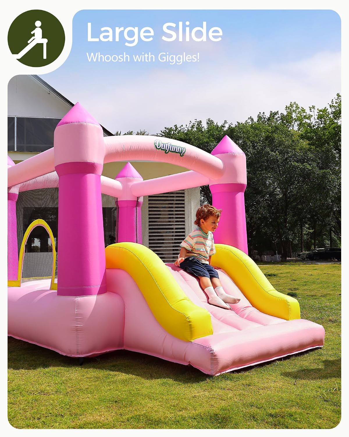 Outfunny Indoor Bounce House with Slide, Inflatable Bouncy House for Kids 3-8, Bounce Area 6'x6', Capacity 300 lb - Pink
