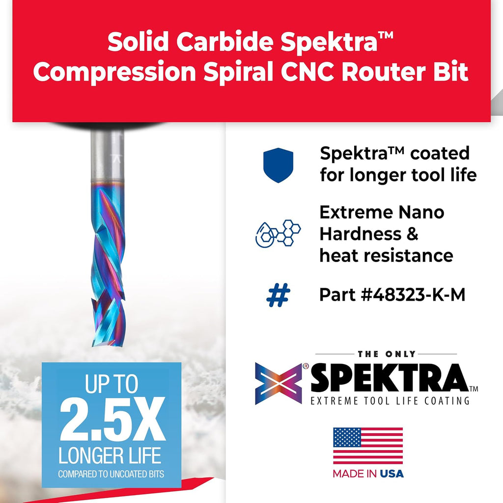 Amana Tool Spektra Extreme Tool Life Solid Carbide CNC Compression Spiral Router Bit, 48323-K-M, 8mm D x 25mm CH x 8mm Shank x 64mm Long 3 Flute