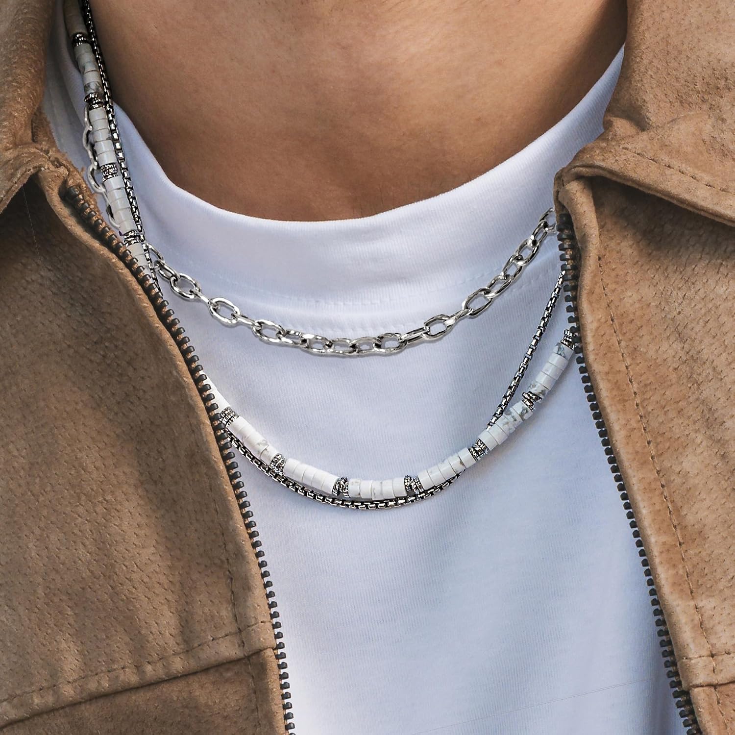 JEAN RACHEL JEWELRY Men's 3-Piece Necklace Layering Set - Hammered Link Chain, Sleek Box Chain & White Buffalo Turquoise Beads - Refined Bundle