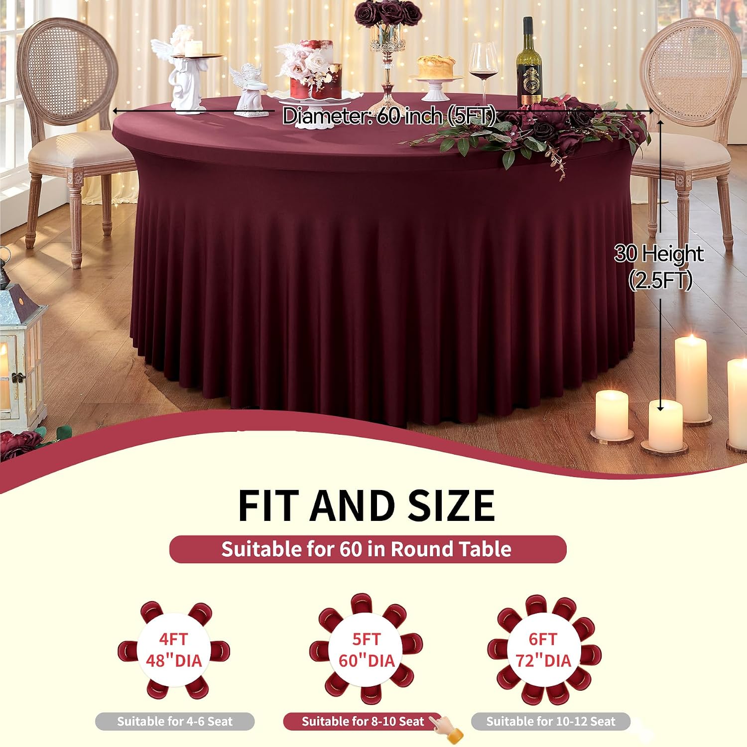 Outpain 6 Pack Spandex Burgundy Round Tablecloths for 60in Tables, 120Inch Stretchy Fitted 5FT Round Table Clothes,Wrinkle Free Table Cover with Skirt for Wedding Party Dining Banquet