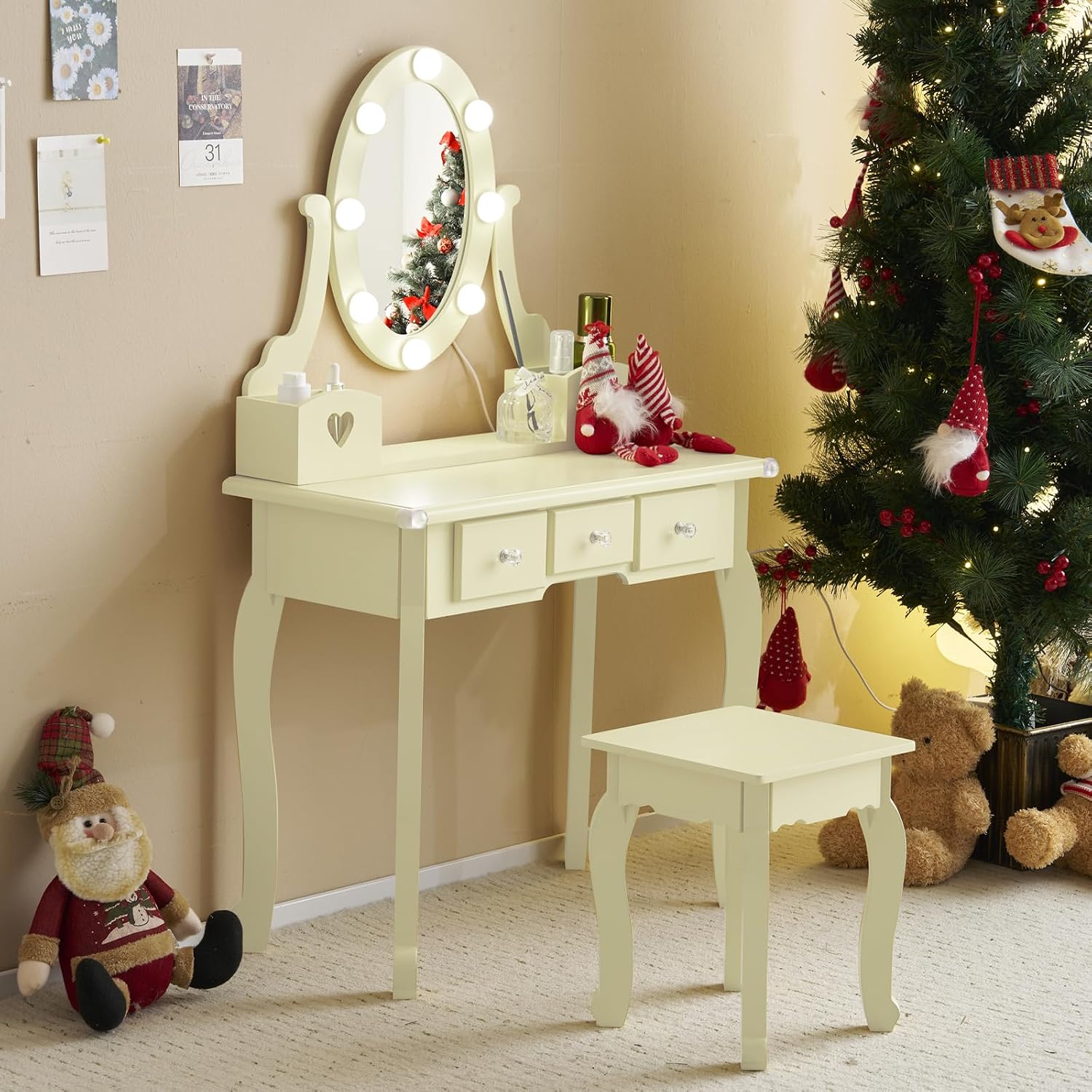 Karl home Kids Vanity Table and Chair Set, Princess MDF Dressing Table with 3-Color LED Lighted Mirror and 3 Drawers, Lovely Waved Design for Toddler's Bedroom and Playroom Decor, Macaroon Yellow