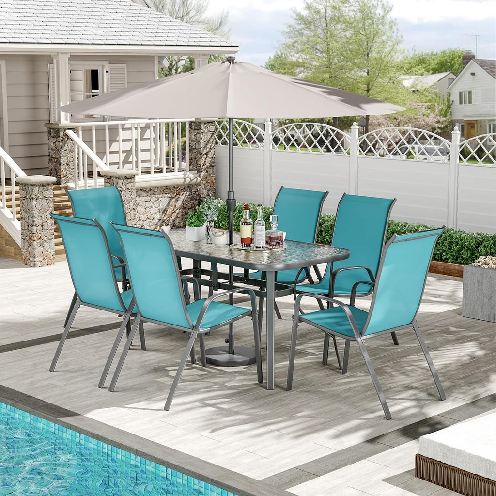TLSUNNY 7 Pieces Patio Dining Set, Outdoor Table and Chairs W/1.69″ Umbrella Hole, 30'X 55' Table and Stackable Textilene Chair, All Weather Patio Furniture Set (Umbrella not Included)