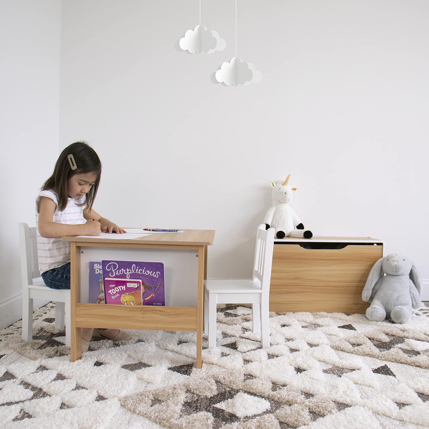 Humble Crew Kids Wood Table and 2 Chairs Set with Built-In Book Storage, Natural/White, Study and Activity Table for Toddlers Ages 3-8, Easy Assembly, Durable Wooden Furniture