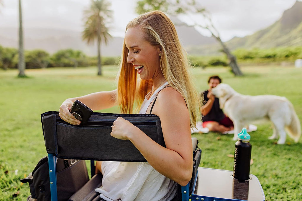 PICNIC TIME Fusion Camping Chair with Side Table and Soft Cooler, Outdoor Foldable Padded Camping Chairs with Cup Holder for Lawn, Beach, & Sports Use for Adults, (Dark Gray Blue Accents)