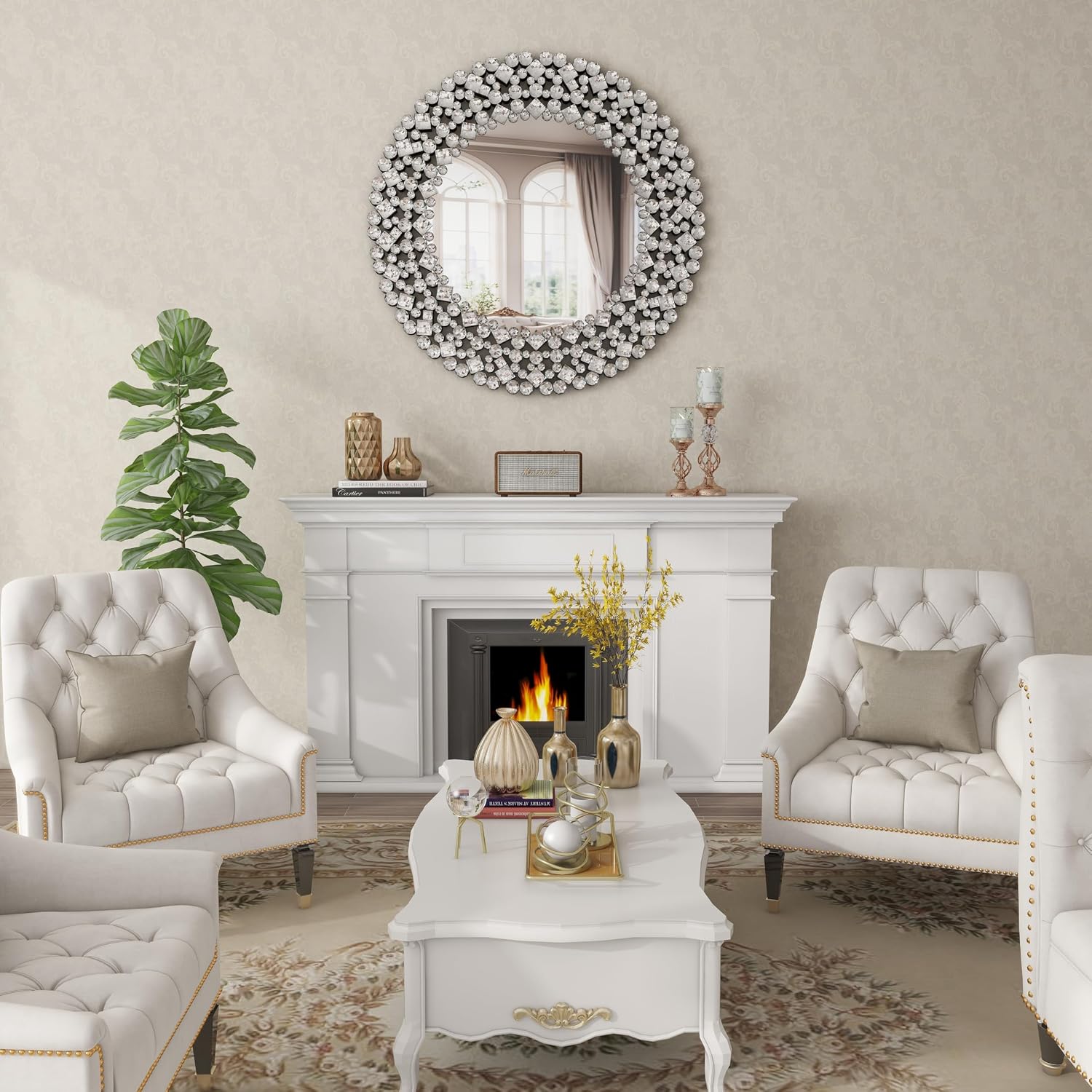 SHYFOY 34' Round Mirrors for Wall Decor,Oversize Jeweled Ornate Wall Mirror Decorative Accent Mirror Chic and Sparkly for Living Room Bathroom Bedroom Fireplace Home Decor