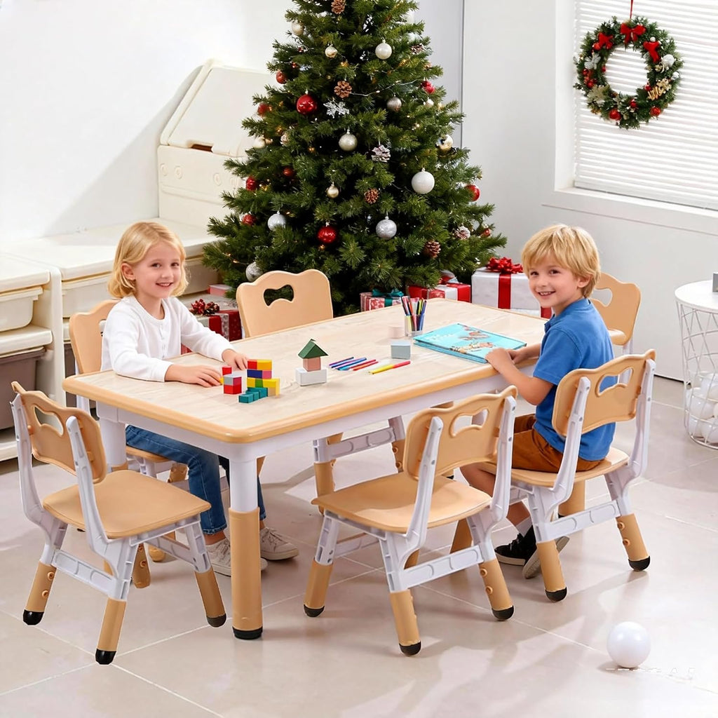 Garvee Kids Table and 6 Chair Set,47 in Modern Height Adjustable Toddler Table and 6 Chairs Set with Non-Slip Desk Legs&Organizer Graffiti Desktop, Preschool Activity Art Craft Tables for 6(Khaki)
