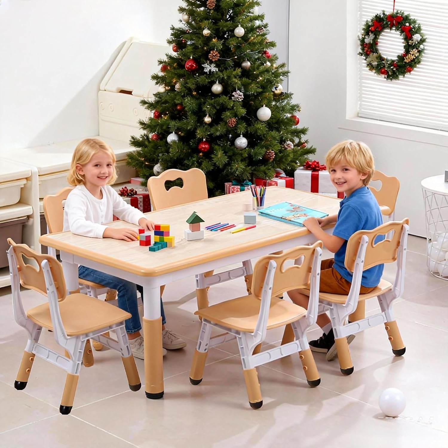 Garvee Kids Table and 6 Chair Set,47 in Modern Height Adjustable Toddler Table and 6 Chairs Set with Non-Slip Desk Legs&Organizer Graffiti Desktop, Preschool Activity Art Craft Tables for 6(Khaki)