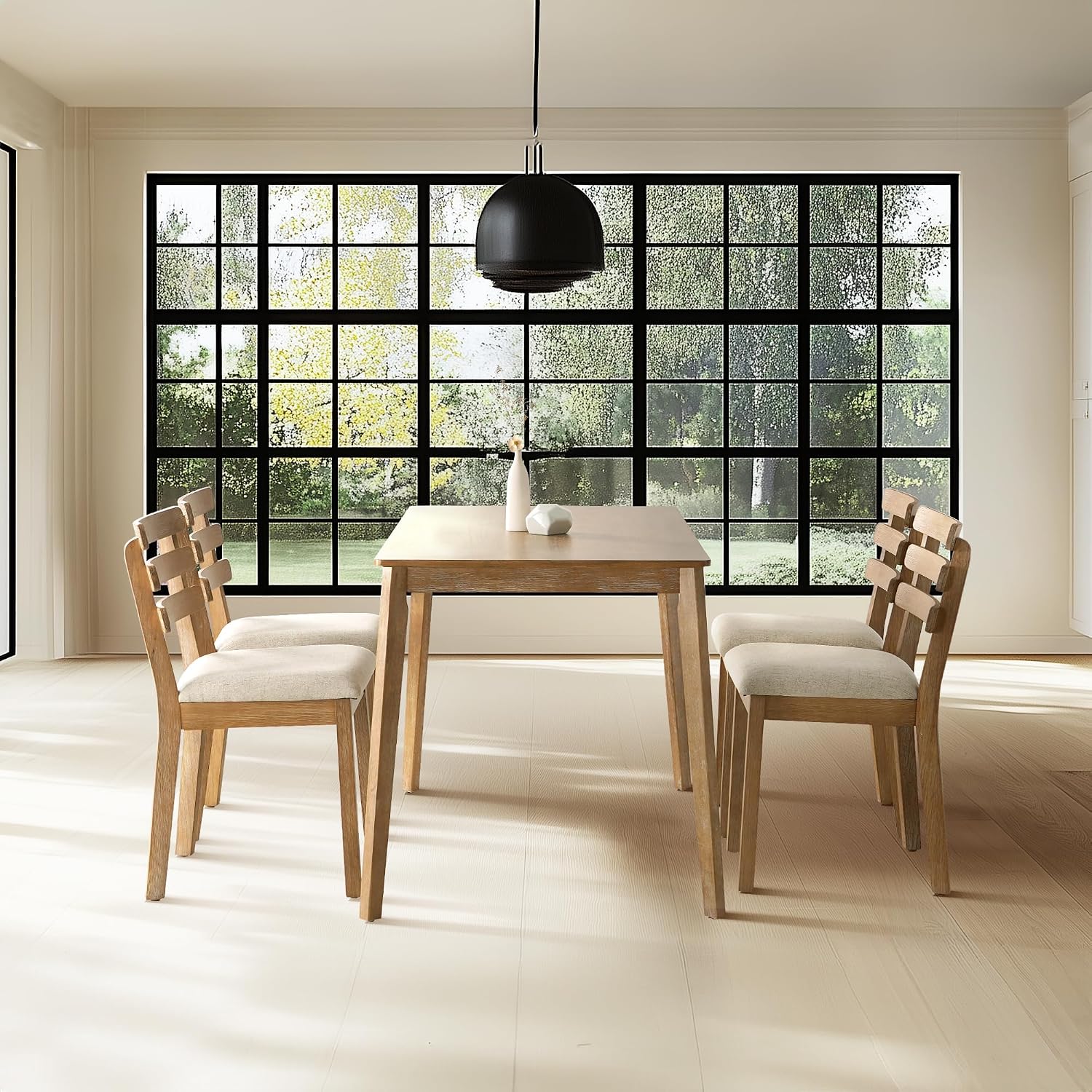 SIMTONAL 4-Piece Farmhouse Dining Set, Wooden Table with 2 Chairs, Bench Seat, Mid-Century Modern Wooden Table & Upholstered Chair Set for Home, Kitchen, Dining Room, Solidwood Legs