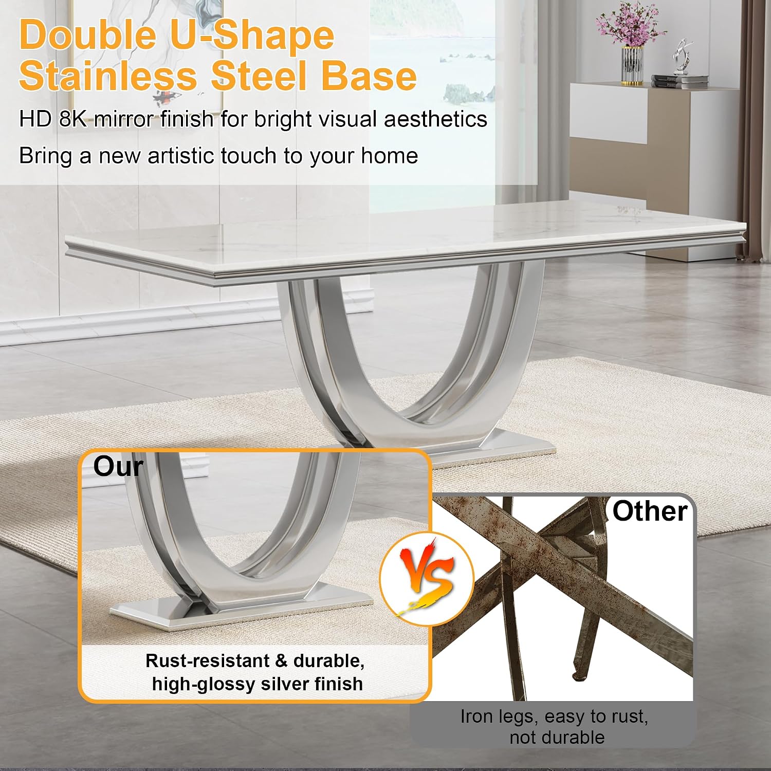 70' White Faux Marble Rectangular Dining Table, Luxury Kitchen Dinner Table for 6-8, Mid Century Modern Design with Silver Stainless Steel U Pedestal