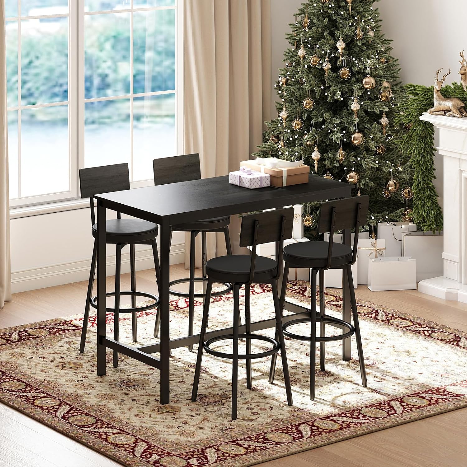 Zevemomo 5-Piece Dining Table Set, Bar Table Set for 4, Kitchen Table and Chairs, Counter Height High Top Table with 4 PU Upholstered Stools, Space-Saving Pub Table Sets for Small Space, Black