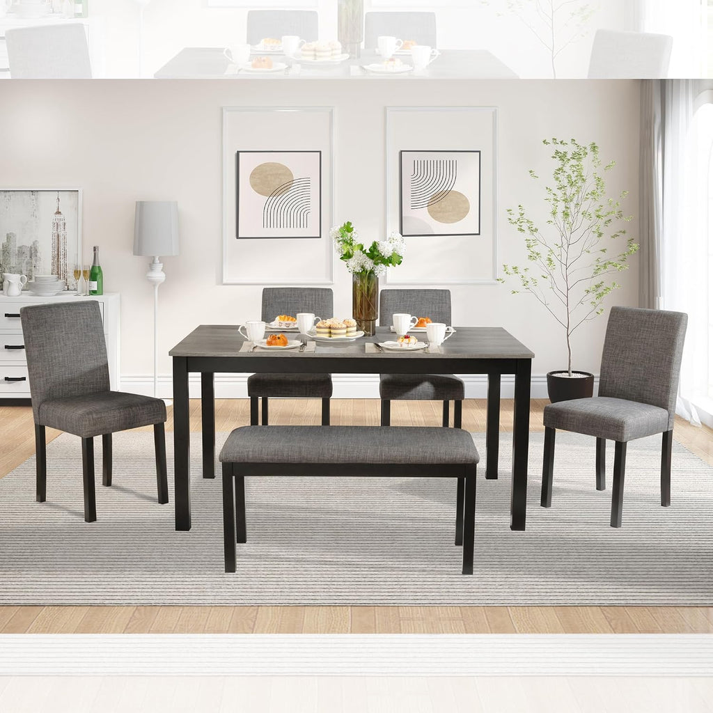 LUMISOL 6 Piece Dining Table Set with Bench and Chairs, Wood Kitchen Table Set for Kitchen, Dining Room, Living Room, Light Grey+Black