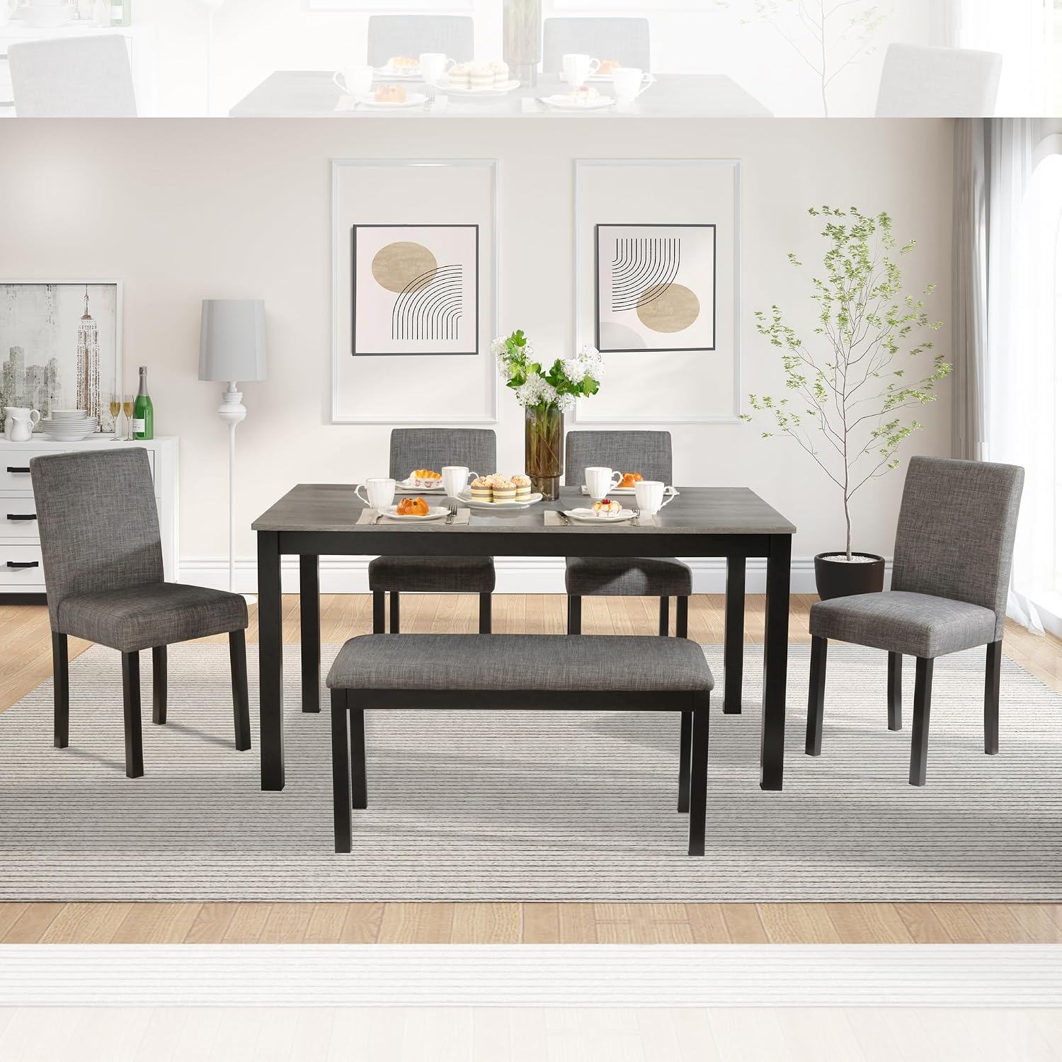 LUMISOL 6 Piece Dining Table Set with Bench and Chairs, Wood Kitchen Table Set for Kitchen, Dining Room, Living Room, Light Grey+Black