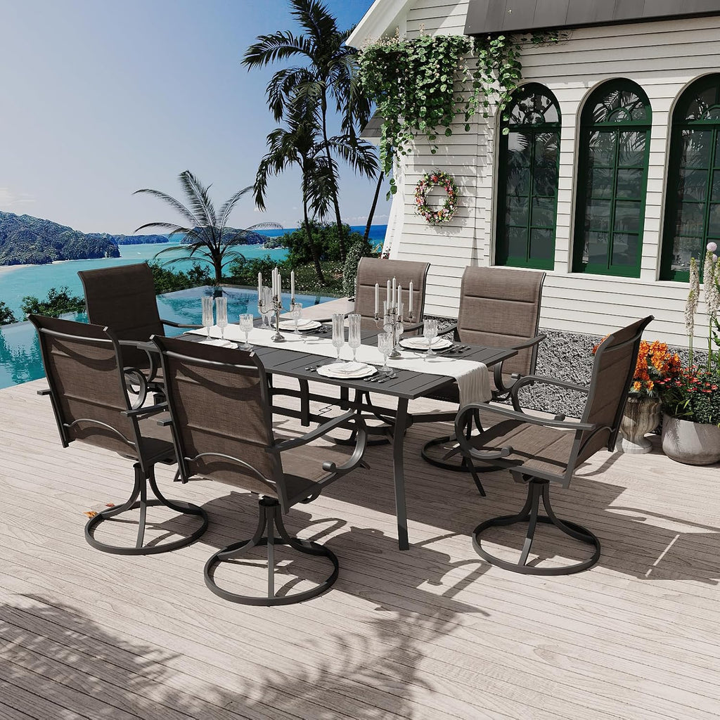 MELLCOM 7-Piece Outdoor Dining Set, 6 Swivel Rocker Chairs with High Back Textilene & Rectangular Metal Dining Table with Umbrella Hole, Patio Furniture Set for Porch, Deck, Brown