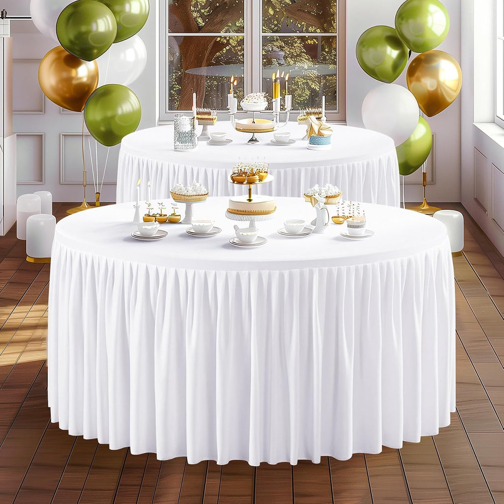 Wish Care 6 Packs 5FT Round Tablecloth 60 Inch, White Stretchy Fitted Table Cloths, Wrinkle Resistant Polyester Table Cover with Pleated Ruffle Skirt for Party, Wedding and Banquet Decoration