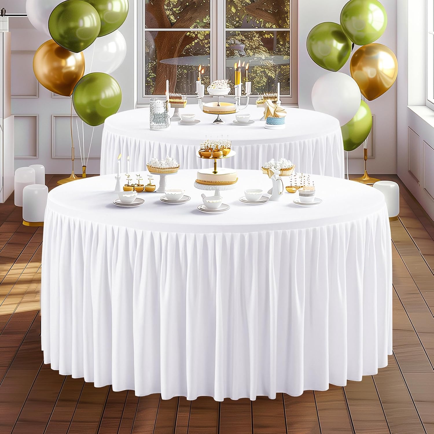 Wish Care 6 Packs 5FT Round Tablecloth 60 Inch, White Stretchy Fitted Table Cloths, Wrinkle Resistant Polyester Table Cover with Pleated Ruffle Skirt for Party, Wedding and Banquet Decoration