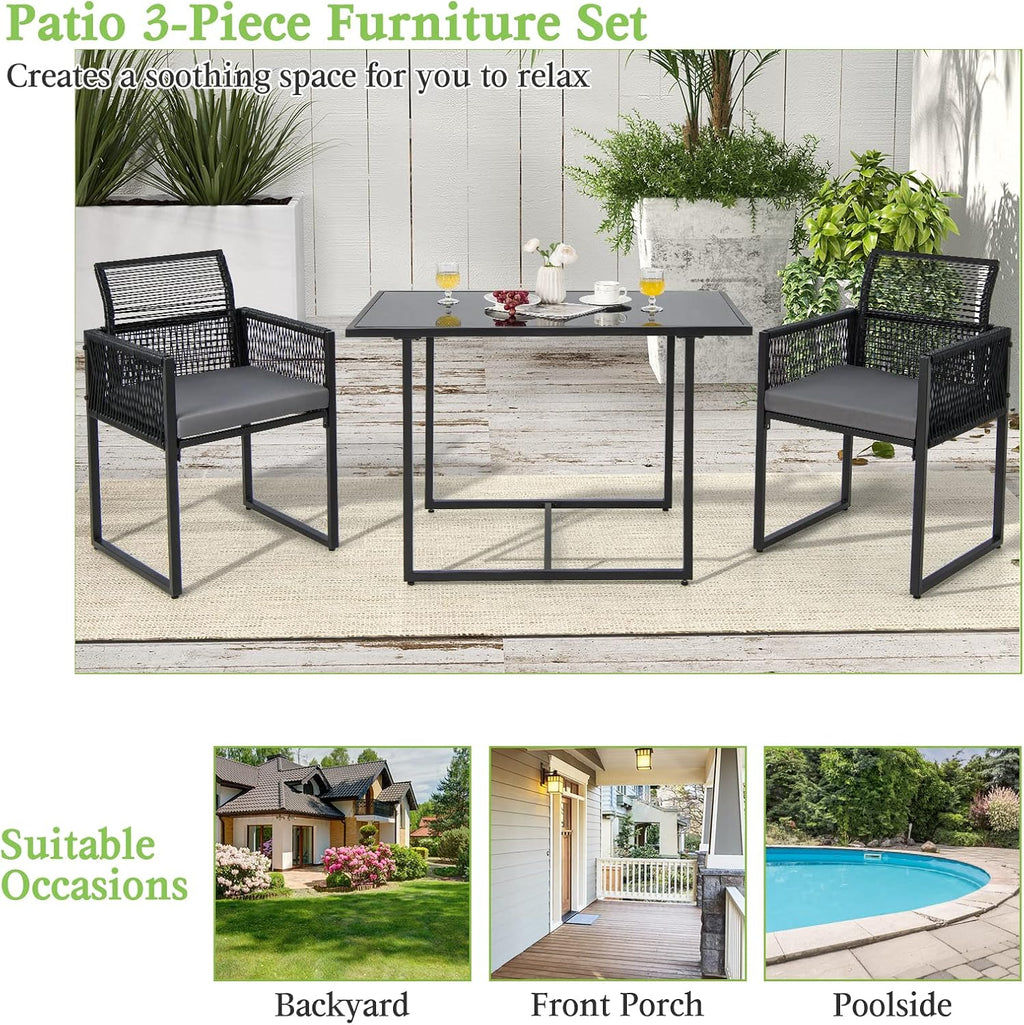 Tangkula 3 Pieces Outdoor Dining Set, Patio PE Rattan Furniture Set with Folding Backrest, Cozy Seat Cushions, Tempered Glass Tabletop, Space-Saving Rattan Chair Table Set for Backyard, Poolside