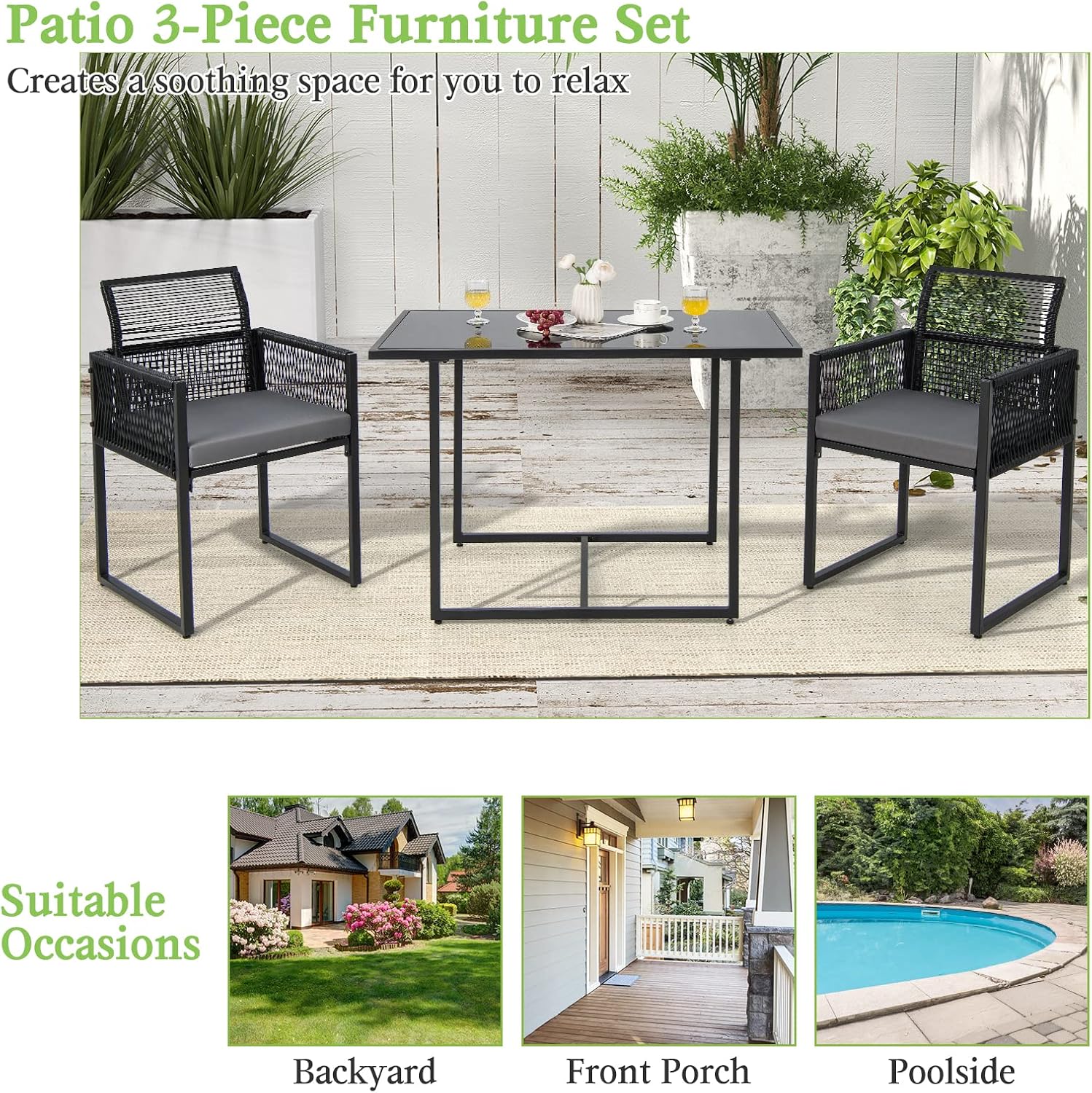 Tangkula 3 Pieces Outdoor Dining Set, Patio PE Rattan Furniture Set with Folding Backrest, Cozy Seat Cushions, Tempered Glass Tabletop, Space-Saving Rattan Chair Table Set for Backyard, Poolside