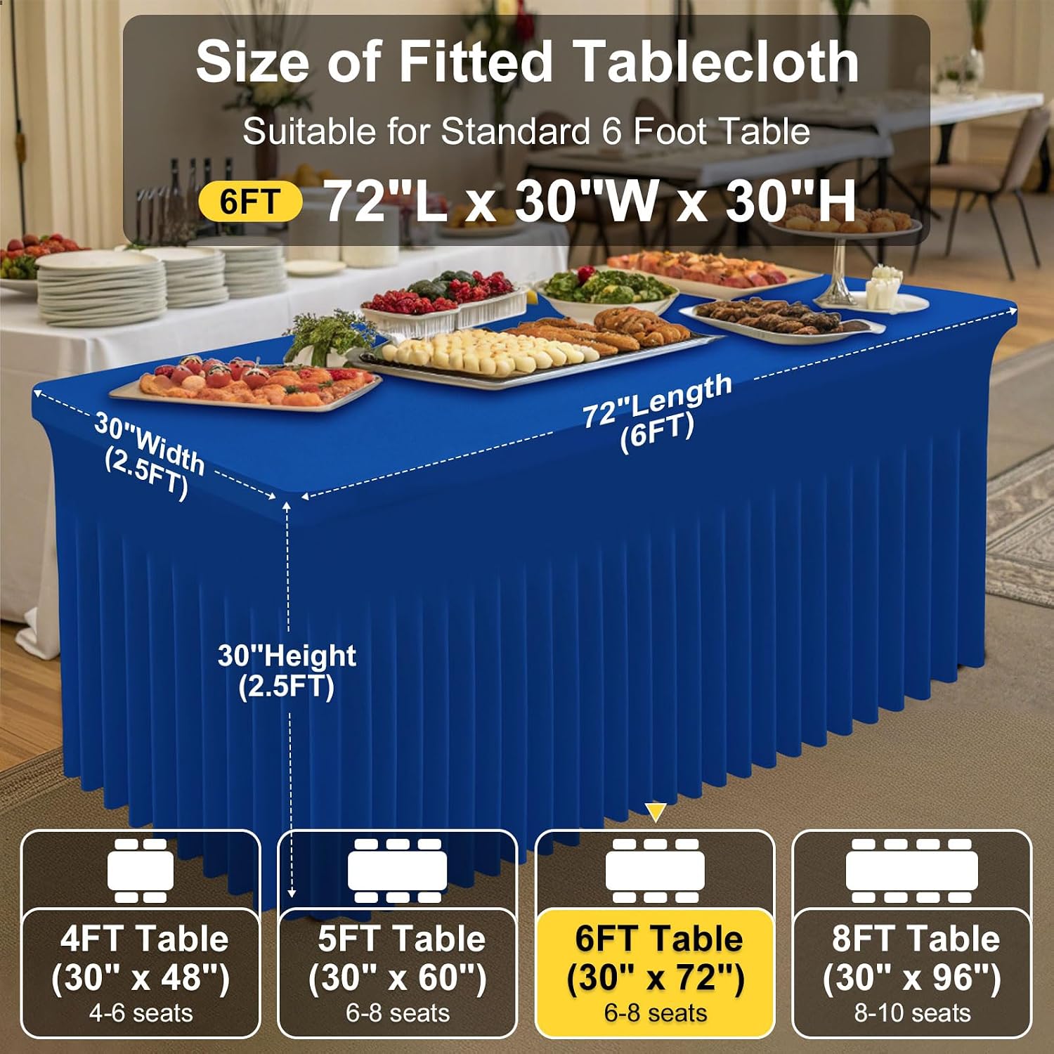 Smiry Spandex Tablecloth 6 Pack, Elastic Fitted Stretch Tablecloth for 6FT Rectangle Tables, Waterproof Washable Table Cover Skirt for Wedding, Banquet & Parties (Blue, 72Lx30Wx30H Inch)
