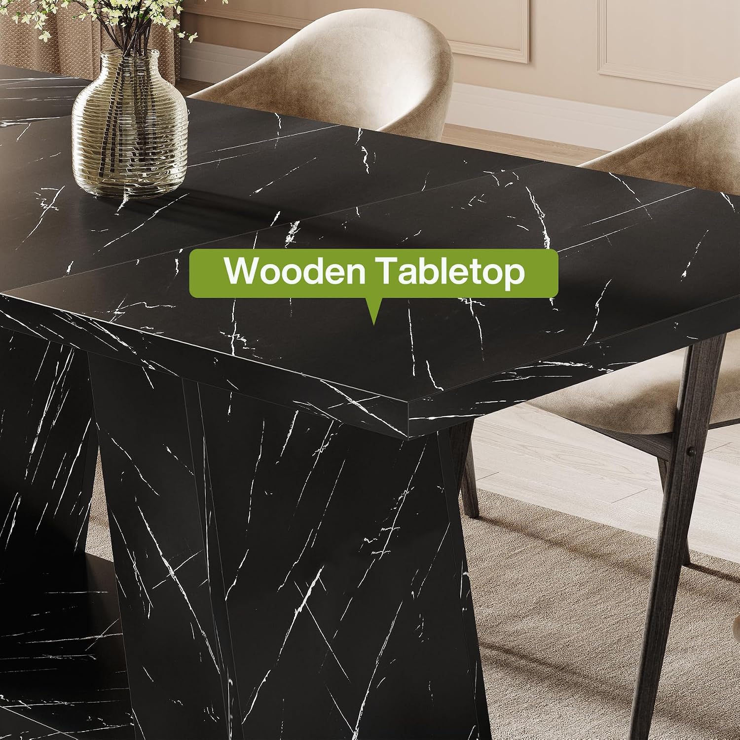 LITTLE TREE Dining Table for 4-6 People, 63 Inches Dining Room Table with Wooden Triangle Pedestal Base, Black Faux Marble Rectangle Dinner Kitchen Table for Dining Room, Kitchen, Living Room