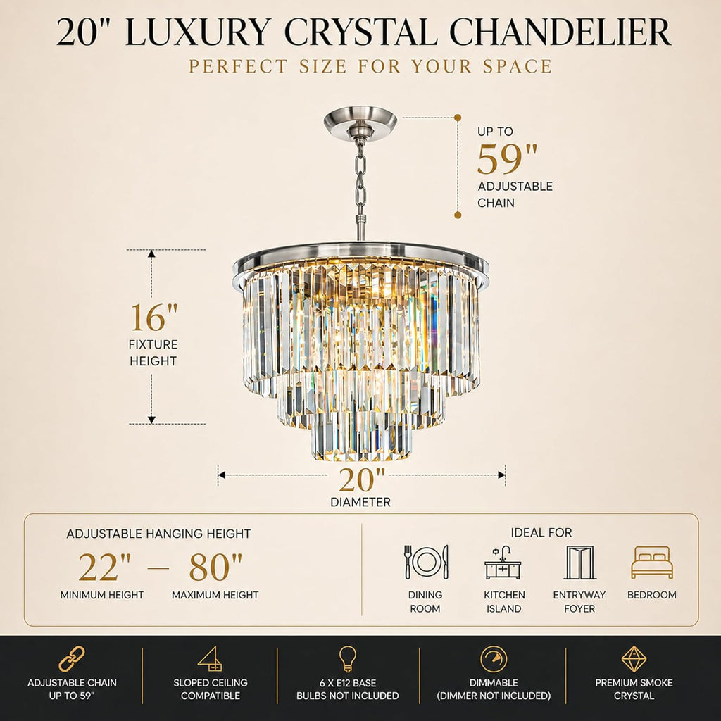 ALOADECOR 6-Light Modern Satin Nickel 3-Tier Round Fringe Crystal Chandelier Chrome Finish Frame Close to Ceiling Dual-Use Light for Dining Room Living Room W 20'