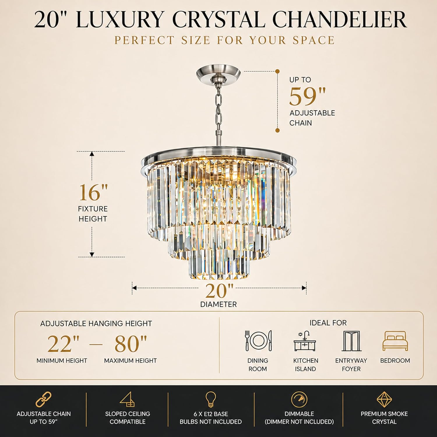 ALOADECOR 6-Light Modern Satin Nickel 3-Tier Round Fringe Crystal Chandelier Chrome Finish Frame Close to Ceiling Dual-Use Light for Dining Room Living Room W 20'