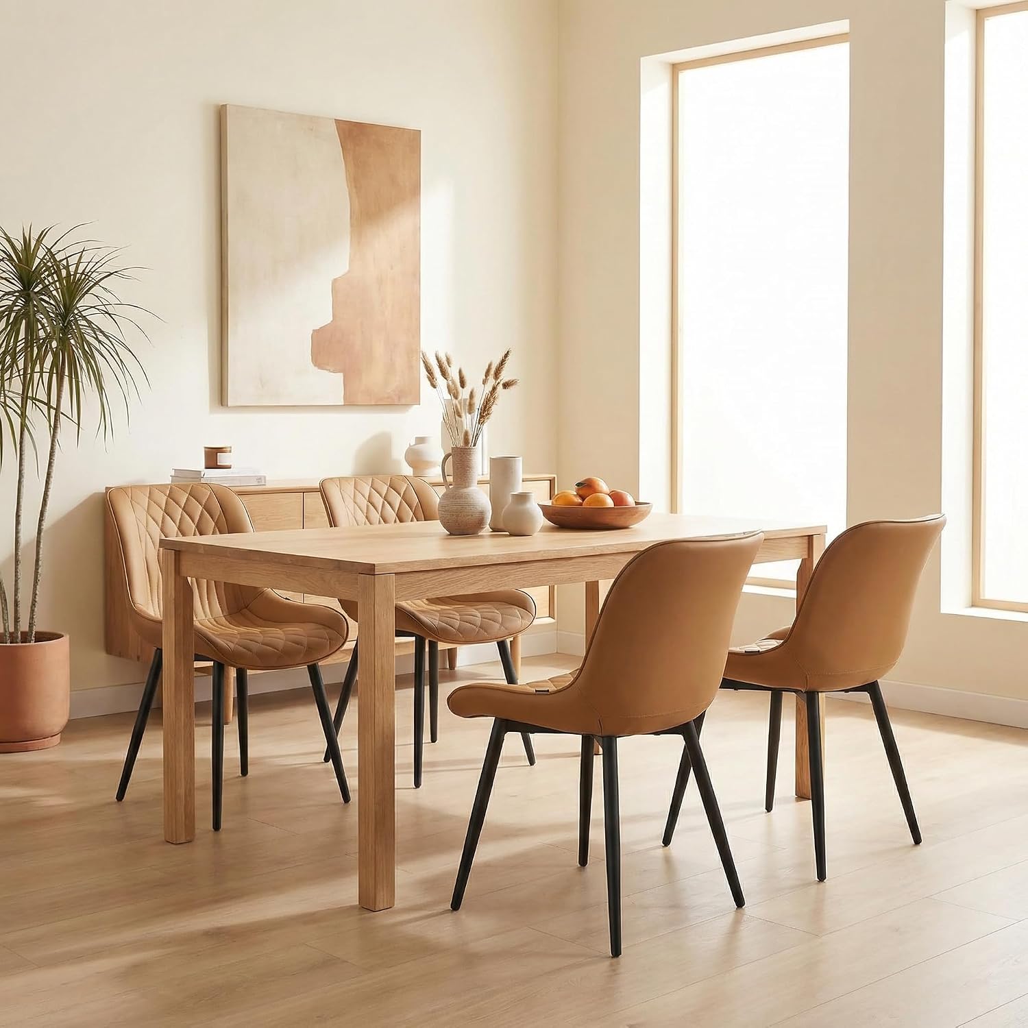 YOUNIKE Faux Leather Dining Chairs Set of 2 Mid-Century Modern High Padded Back Comfy Upholstered Kitchen Chairs with Metal Legs Wide Seat Accent Side Chair for Dining/Living/Waiting Room Tan