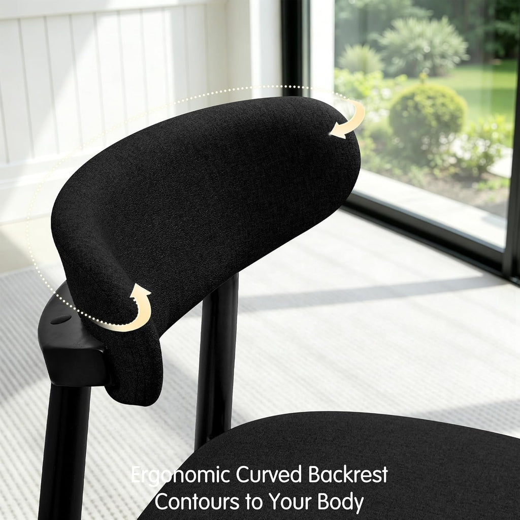 CHUN YI Dining Chairs Set of 4, Upholstered Solid Wood Dining Room Chairs, Mid Century Modern Fabric Kitchen Chairs with Ergonomic Curved Back, Black (Only Chairs)