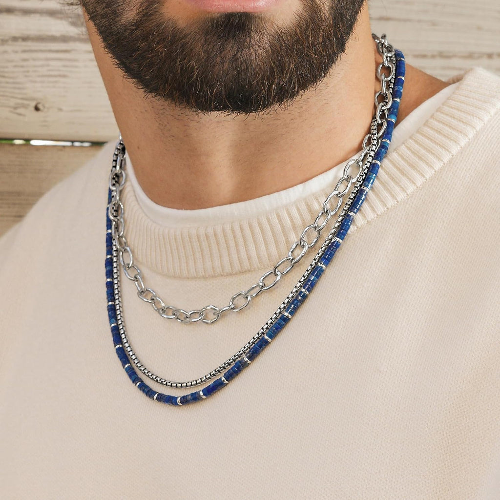JEAN RACHEL JEWELRY Men's 3-Piece Necklace Layering Set - Hammered Link Chain, Box Chain & Lapis Lazuli Beads - Royal Blue Bundle