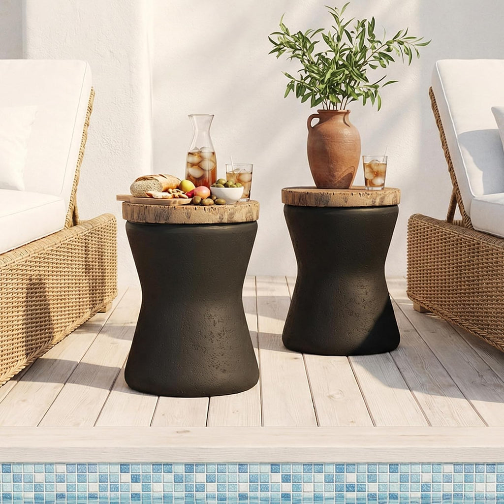 HOMPUS Outdoor Concrete Side Table Sets of 2, 2 Pieces Black Round Patio End Table, Small Outdoor Accent Table, Hourglass Shaped Garden Stool for Patio, Outside, Black