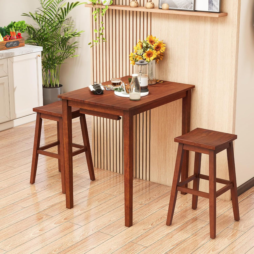 Giantex Bar Table and Chairs Set - 3-Piece Counter Height Dining Table Set with Hangable Bar Stools, Wood Veneered Tabletop, Rubber Wood Legs, Space Saving Dinette Set, Breakfast Nook Table Set, Brown