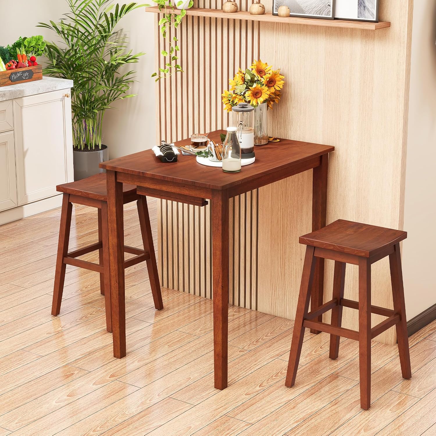 Giantex Bar Table and Chairs Set - 3-Piece Counter Height Dining Table Set with Hangable Bar Stools, Wood Veneered Tabletop, Rubber Wood Legs, Space Saving Dinette Set, Breakfast Nook Table Set, Brown