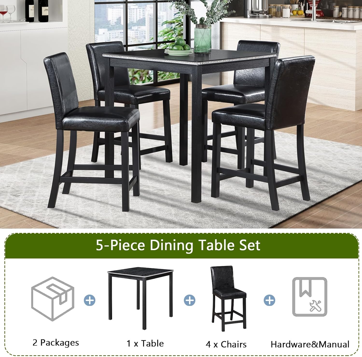 KEIKI 5-Piece Counter Height Dining Table Set with Square Table and 4 Upholstered Chair, for 4 Person, Classic Style Crystal Decoration Wooden Table Set, Easy Assembly, for Kitchen, Dining Room, Black