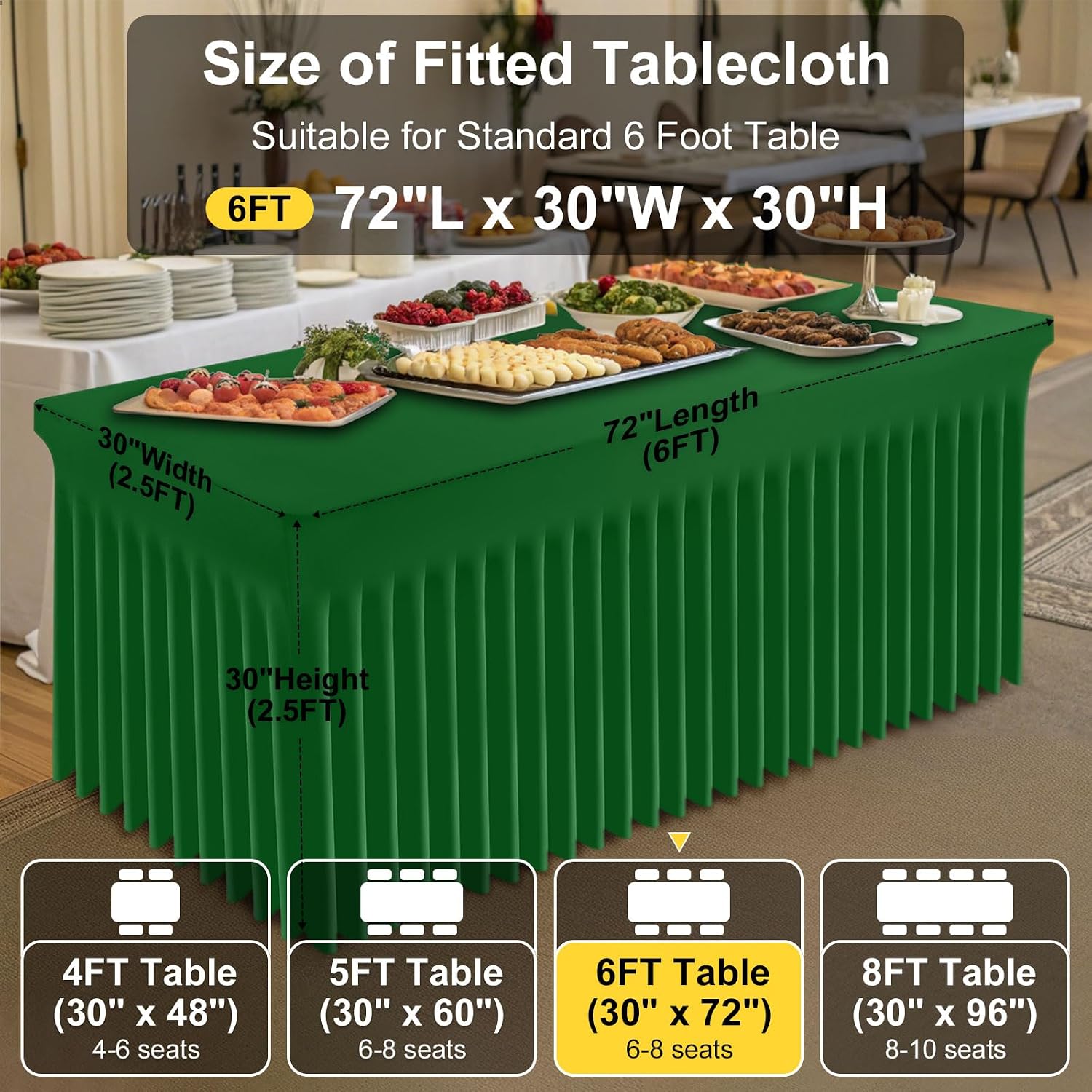 Smiry Spandex Tablecloth 6 Pack, Elastic Fitted Stretch Tablecloth for 6FT Rectangle Tables, Waterproof Washable Table Cover Skirt for Wedding, Banquet & Parties (Emerald Green, 72Lx30Wx30H Inch)