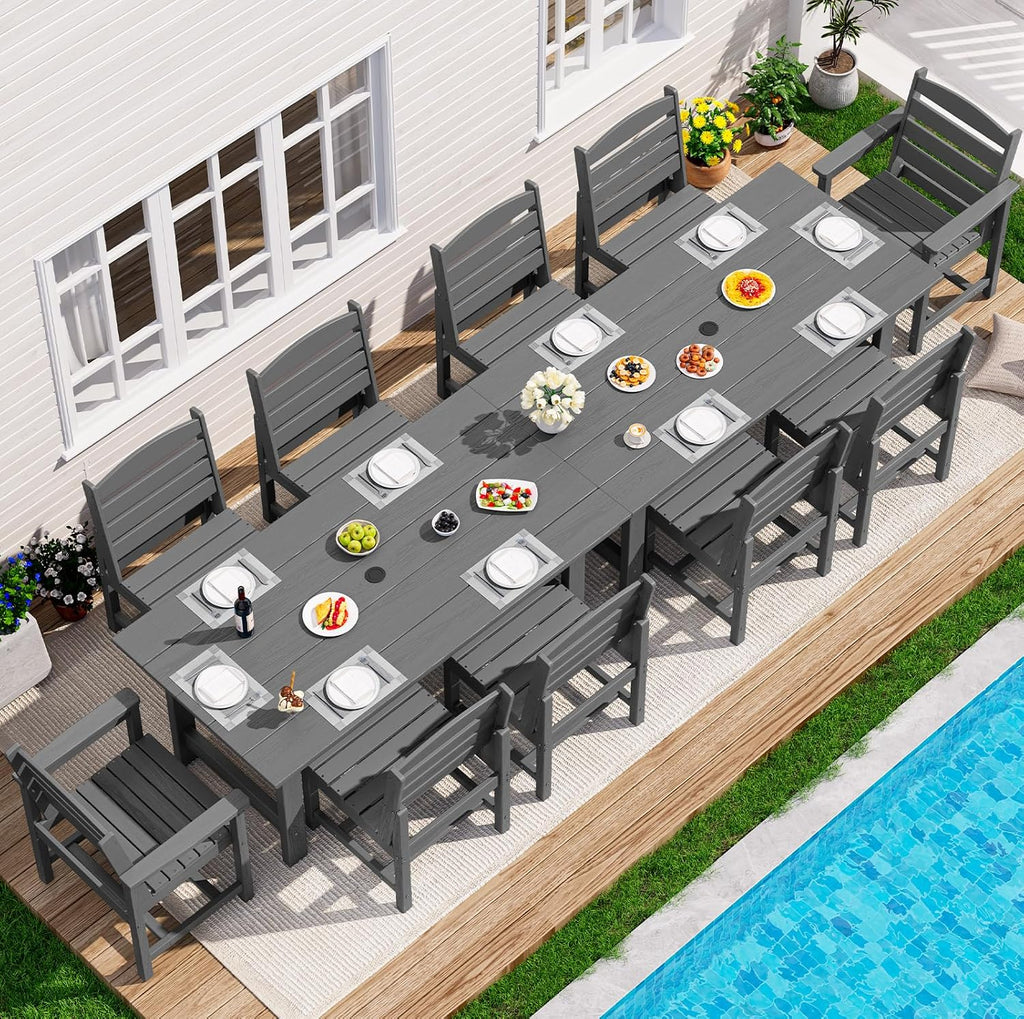 SERWALL Patio Dining Sets for 10 Person, HDPE Dining Set with 2 Tables, 8 Armless Chairs and 2 Armed Dining Chairs, Gray