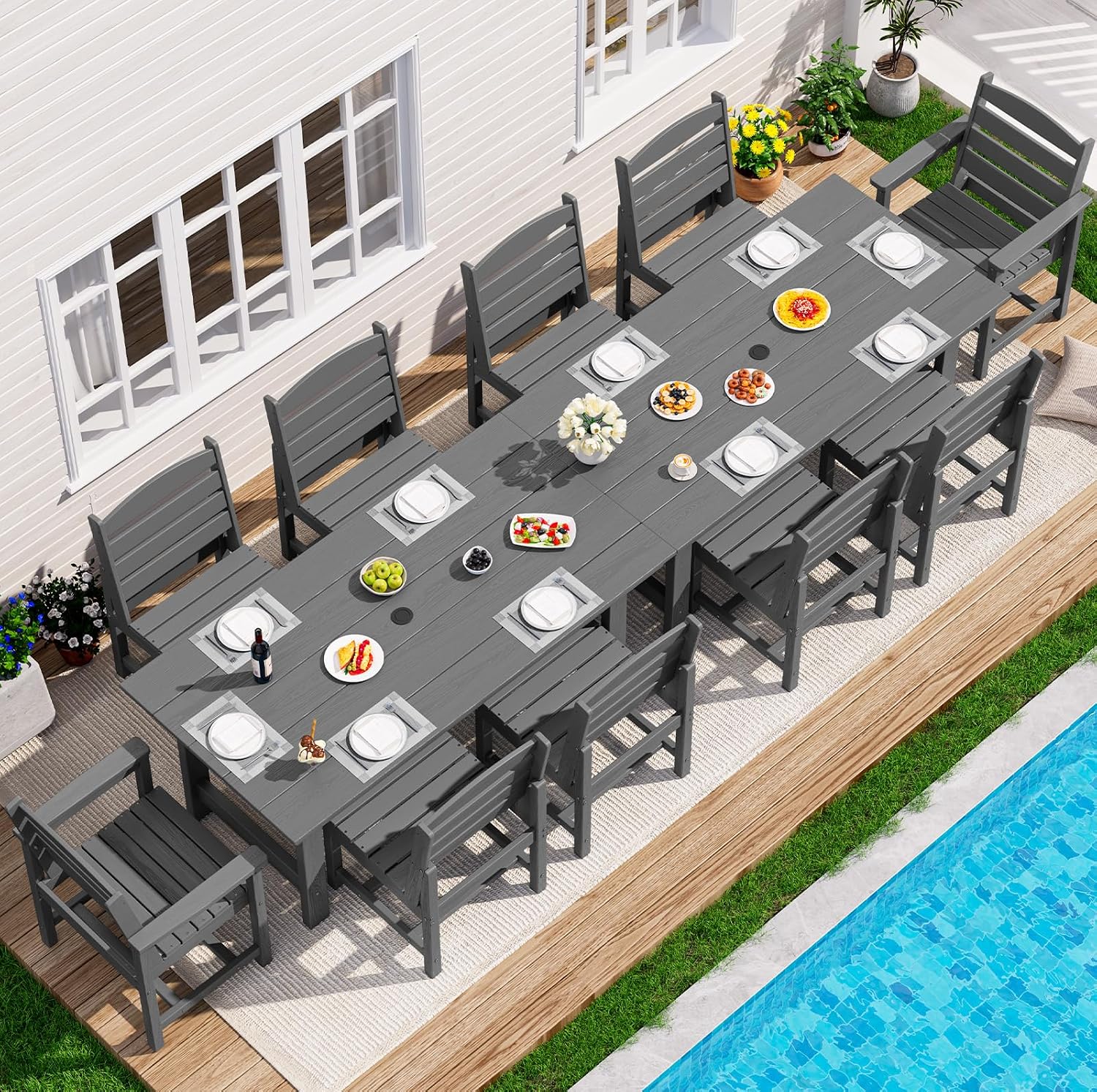 SERWALL Patio Dining Sets for 10 Person, HDPE Dining Set with 2 Tables, 8 Armless Chairs and 2 Armed Dining Chairs, Gray